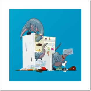 Trio of Pet Velociraptor Dinosaurs Raiding the Fridge Posters and Art